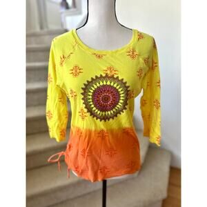 Vintage Y2K Yellow Orange Ombre Glitter Mandala Ruched T-Shirt